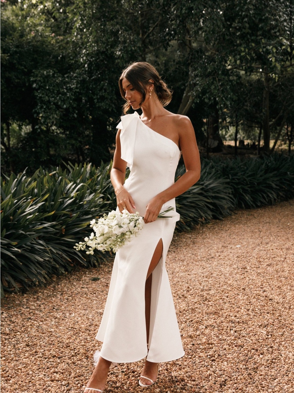 Elegant One-Shoulder White Dress with Side Slit- Petal & Pup